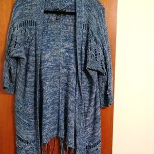 Blue fringy open front cardigan